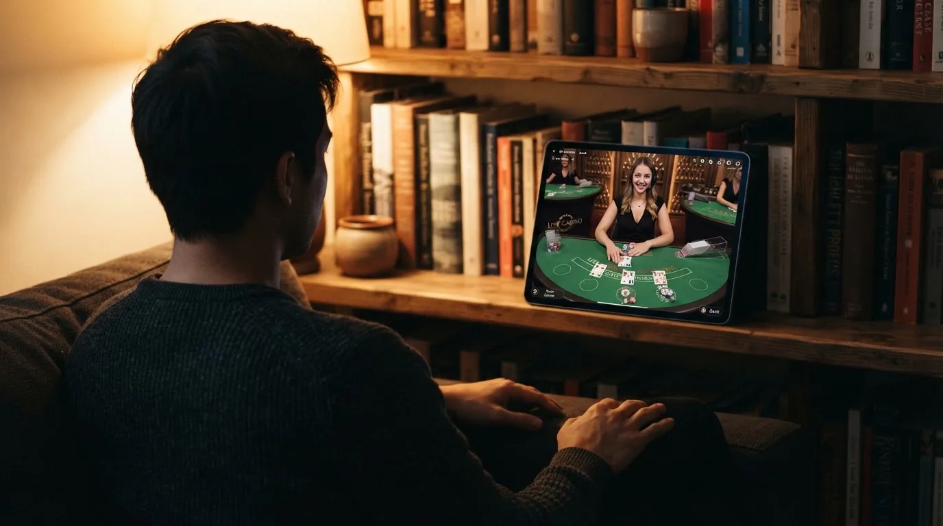 A person watching a live dealer video call on a tablet propped against a bookshelf.