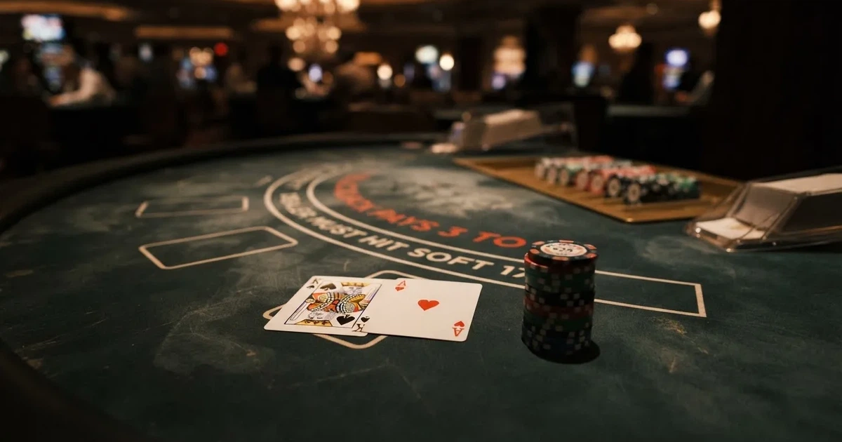 A blackjack table with two cards dealt face-up next to a stack of casino chips.